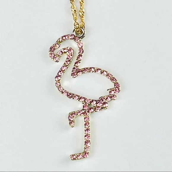 🔴🔴 NEW Pink Flamingo Rhinestone Necklace Chain Necklace Pink - Picture 11 of 13